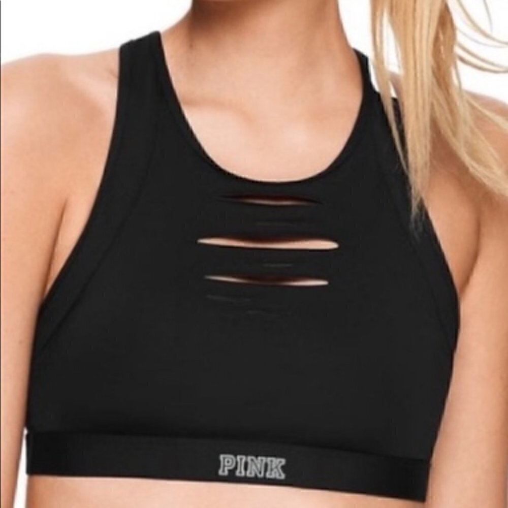 VS Pink Ultimate Sport Bra Cut out Reflective Logo Black Slits Cross Back S